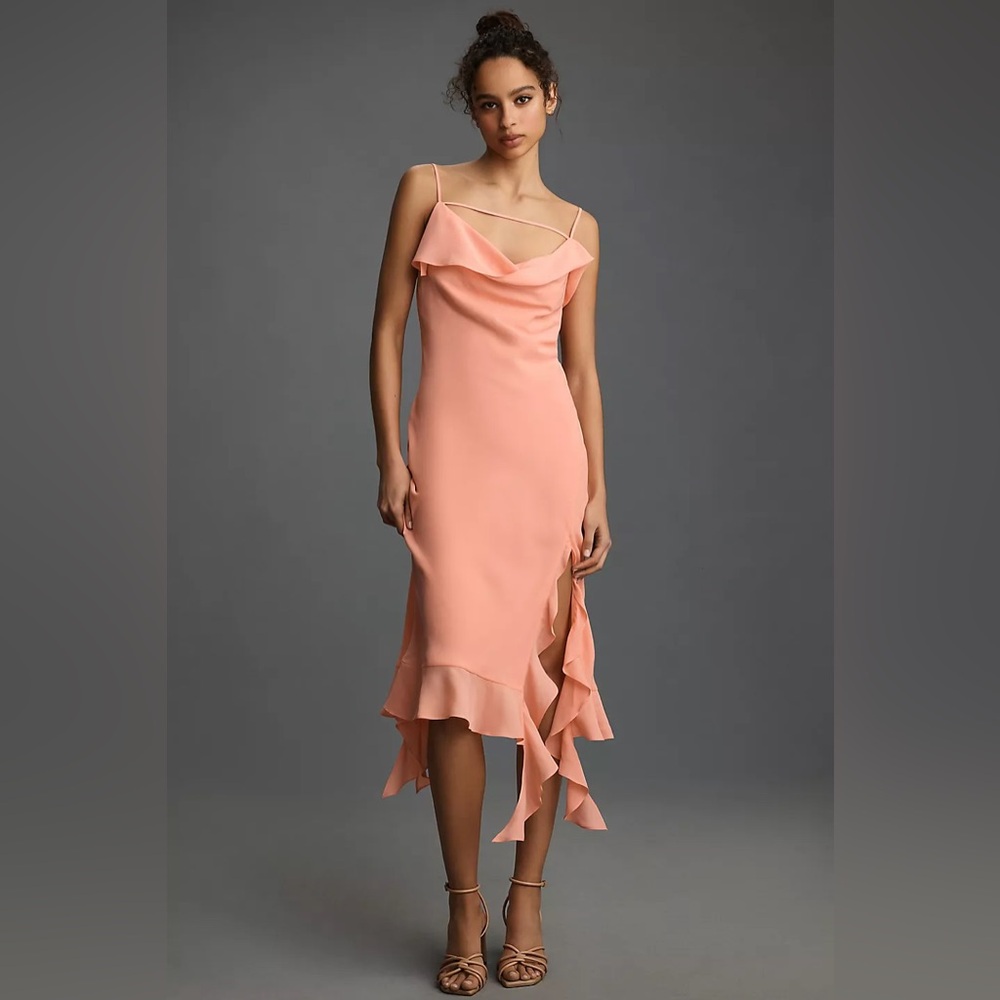 MARE MARE by ANTHROPOLOGIE Asymmetric Ruffle Slip Midi Dress in Peach